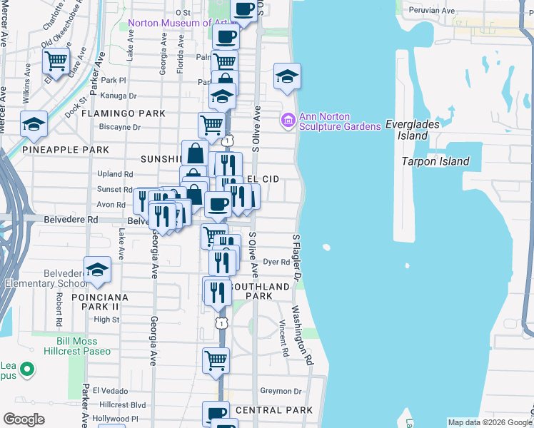 map of restaurants, bars, coffee shops, grocery stores, and more near 225 Pershing Way in West Palm Beach