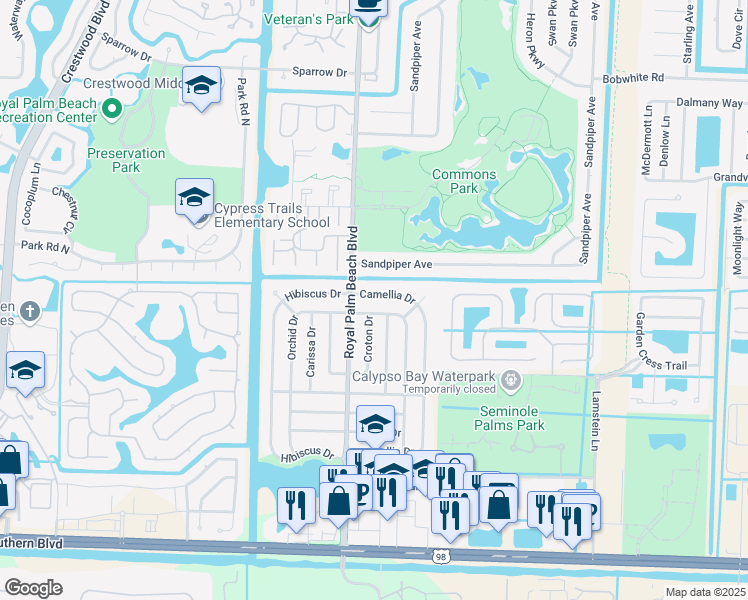 map of restaurants, bars, coffee shops, grocery stores, and more near 881 Camellia Drive in Royal Palm Beach