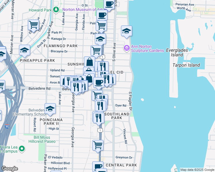 map of restaurants, bars, coffee shops, grocery stores, and more near 317 Pershing Way in West Palm Beach