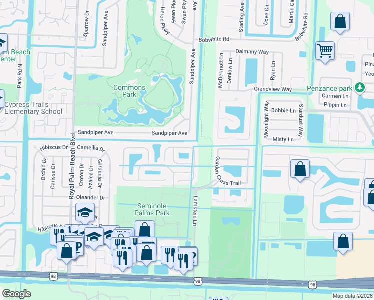 map of restaurants, bars, coffee shops, grocery stores, and more near 276 River Bluff Lane in Royal Palm Beach