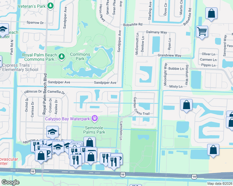 map of restaurants, bars, coffee shops, grocery stores, and more near 276 River Bluff Lane in Royal Palm Beach