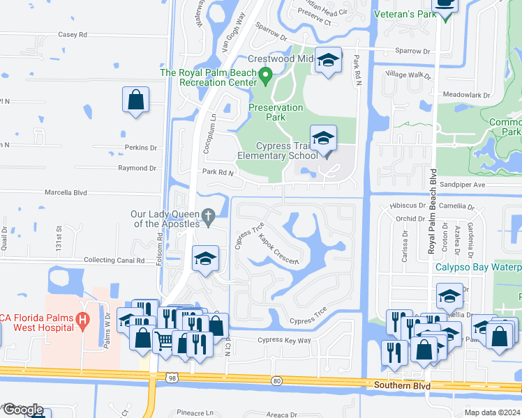 map of restaurants, bars, coffee shops, grocery stores, and more near 103 Black Olive Crescent in West Palm Beach