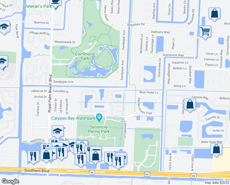 map of restaurants, bars, coffee shops, grocery stores, and more near 258 River Bluff Lane in Royal Palm Beach