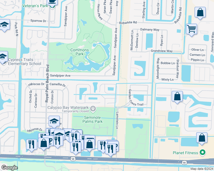 map of restaurants, bars, coffee shops, grocery stores, and more near 256 River Bluff Lane in Royal Palm Beach
