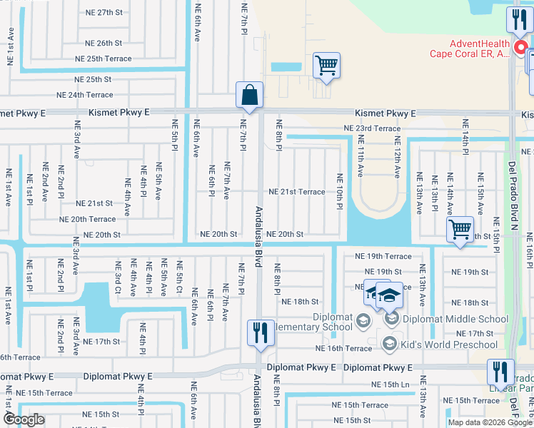 map of restaurants, bars, coffee shops, grocery stores, and more near 2027 Andalusia Boulevard in Cape Coral
