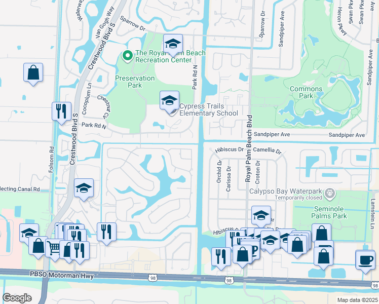 map of restaurants, bars, coffee shops, grocery stores, and more near 117 Pepper Tree Crescent in Royal Palm Beach