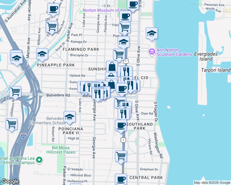 map of restaurants, bars, coffee shops, grocery stores, and more near 418 Avon Road in West Palm Beach