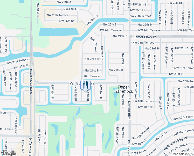 map of restaurants, bars, coffee shops, grocery stores, and more near 2704 20th Terrace in Cape Coral