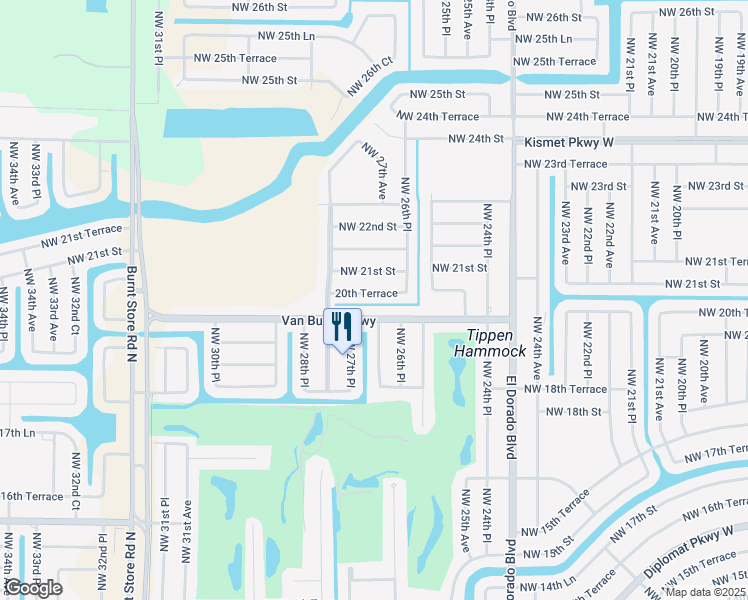 map of restaurants, bars, coffee shops, grocery stores, and more near 2704 20th Terrace in Cape Coral