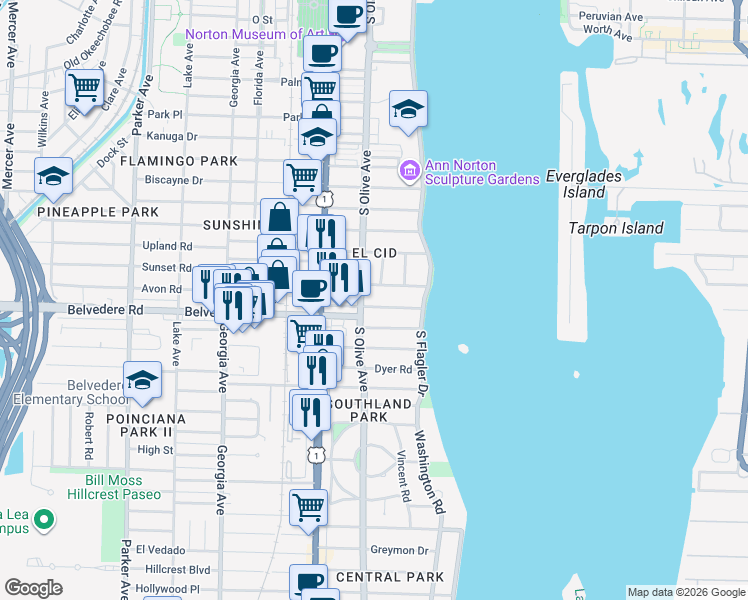 map of restaurants, bars, coffee shops, grocery stores, and more near 225 Pershing Way in West Palm Beach