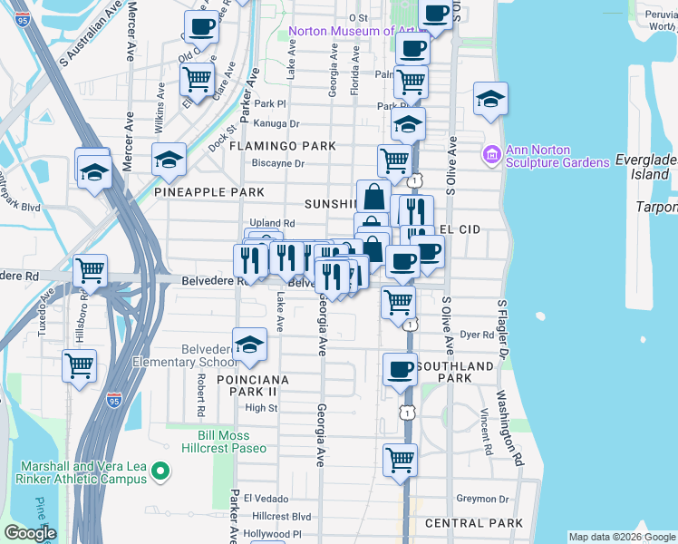 map of restaurants, bars, coffee shops, grocery stores, and more near 618 Avon Road in West Palm Beach