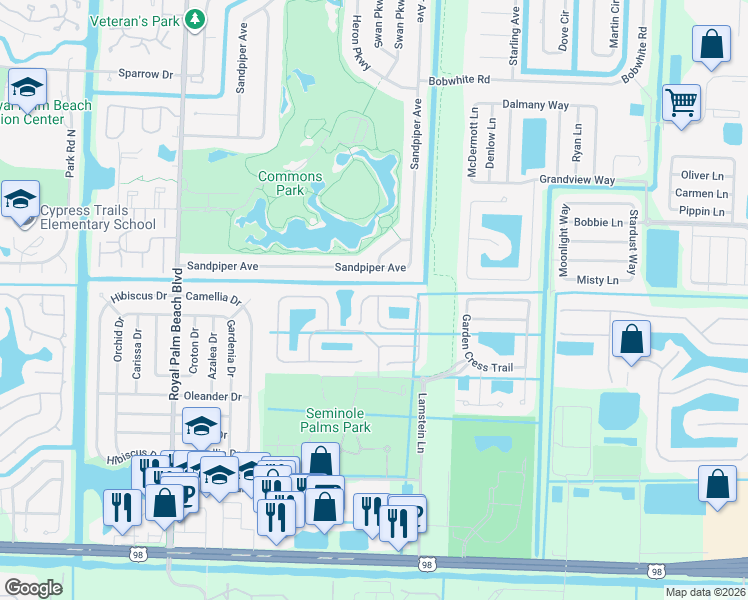map of restaurants, bars, coffee shops, grocery stores, and more near 401 Rainbow Springs Terrace in Royal Palm Beach