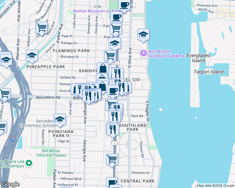 map of restaurants, bars, coffee shops, grocery stores, and more near 317 Pershing Way in West Palm Beach