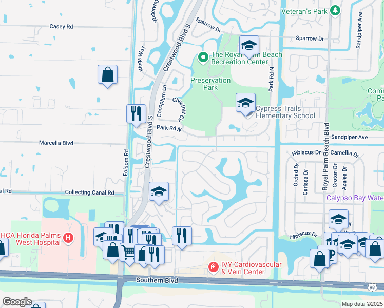 map of restaurants, bars, coffee shops, grocery stores, and more near 107 Black Olive Crescent in Royal Palm Beach