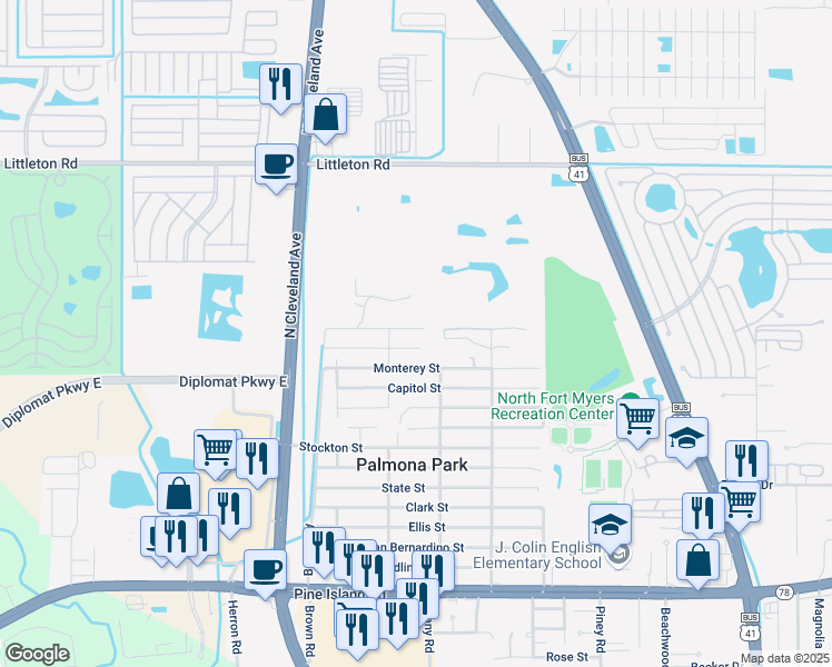 map of restaurants, bars, coffee shops, grocery stores, and more near 455 San Jose Street in North Fort Myers