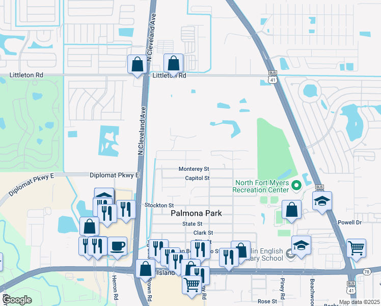 map of restaurants, bars, coffee shops, grocery stores, and more near 455 San Jose Street in North Fort Myers