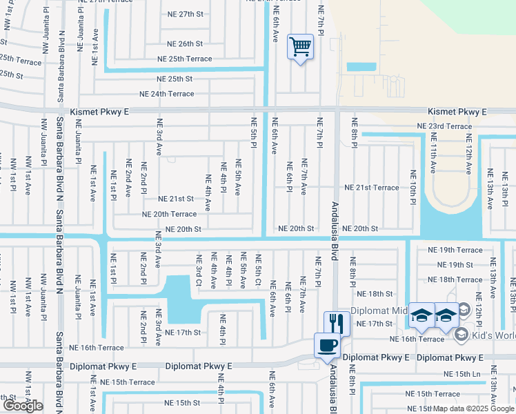 map of restaurants, bars, coffee shops, grocery stores, and more near 2021 Northeast 5th Place in Cape Coral