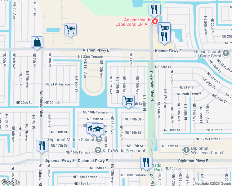 map of restaurants, bars, coffee shops, grocery stores, and more near 2022 Northeast 13th Place in Cape Coral