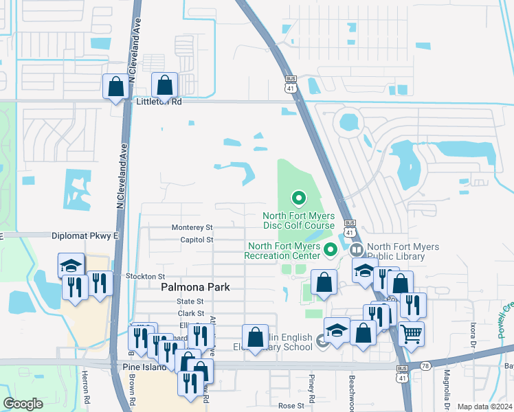 map of restaurants, bars, coffee shops, grocery stores, and more near 220 San Jose Street in North Fort Myers