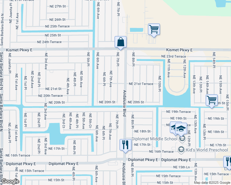 map of restaurants, bars, coffee shops, grocery stores, and more near 2020 Northeast 7th Place in Cape Coral