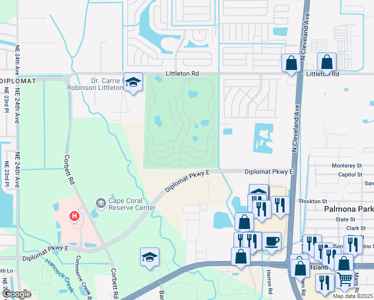 map of restaurants, bars, coffee shops, grocery stores, and more near 150 Nicklaus Boulevard in North Fort Myers