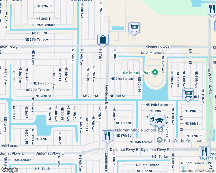 map of restaurants, bars, coffee shops, grocery stores, and more near 2029 Andalusia Boulevard in Cape Coral