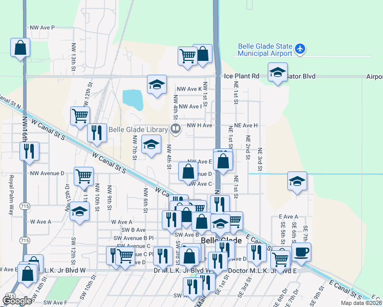 map of restaurants, bars, coffee shops, grocery stores, and more near 524 Northwest 2nd Street in Belle Glade
