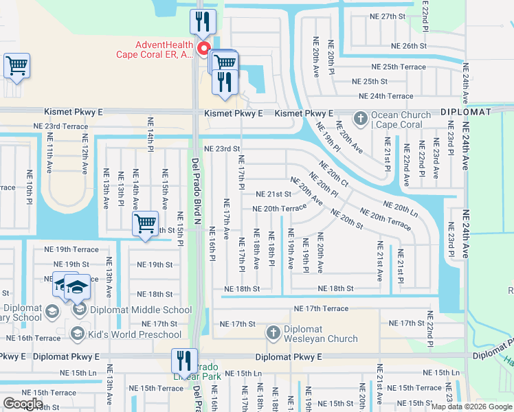 map of restaurants, bars, coffee shops, grocery stores, and more near 1809 Northeast 20th Terrace in Cape Coral