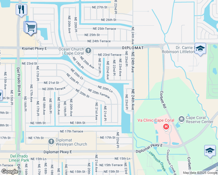 map of restaurants, bars, coffee shops, grocery stores, and more near 2121 Northeast 20th Lane in Cape Coral