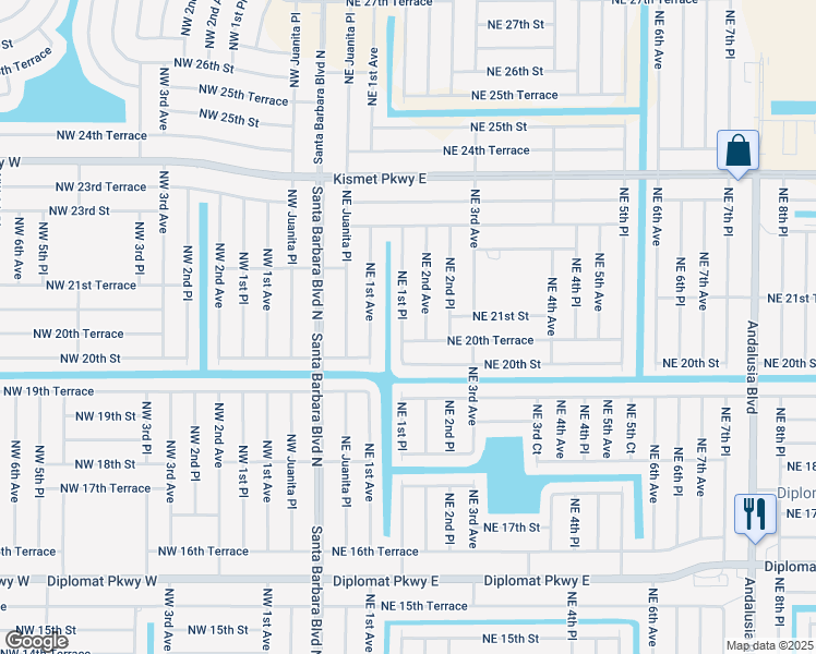 map of restaurants, bars, coffee shops, grocery stores, and more near 2025 Northeast 1st Place in Cape Coral