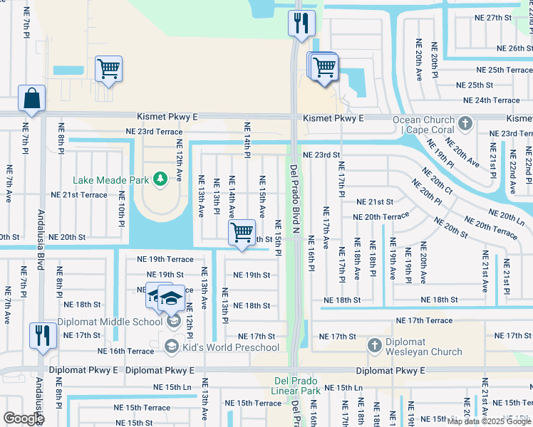 map of restaurants, bars, coffee shops, grocery stores, and more near 2021 Northeast 15th Avenue in Cape Coral