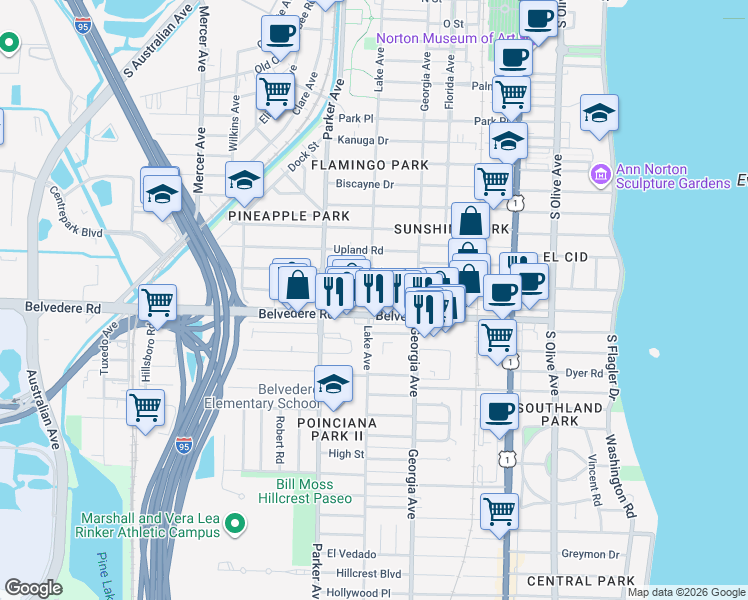 map of restaurants, bars, coffee shops, grocery stores, and more near in West Palm Beach