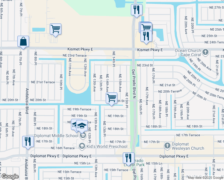 map of restaurants, bars, coffee shops, grocery stores, and more near 2022 Northeast 14th Place in Cape Coral