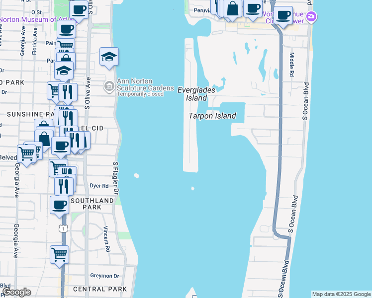 map of restaurants, bars, coffee shops, grocery stores, and more near 727 Island Drive in Palm Beach