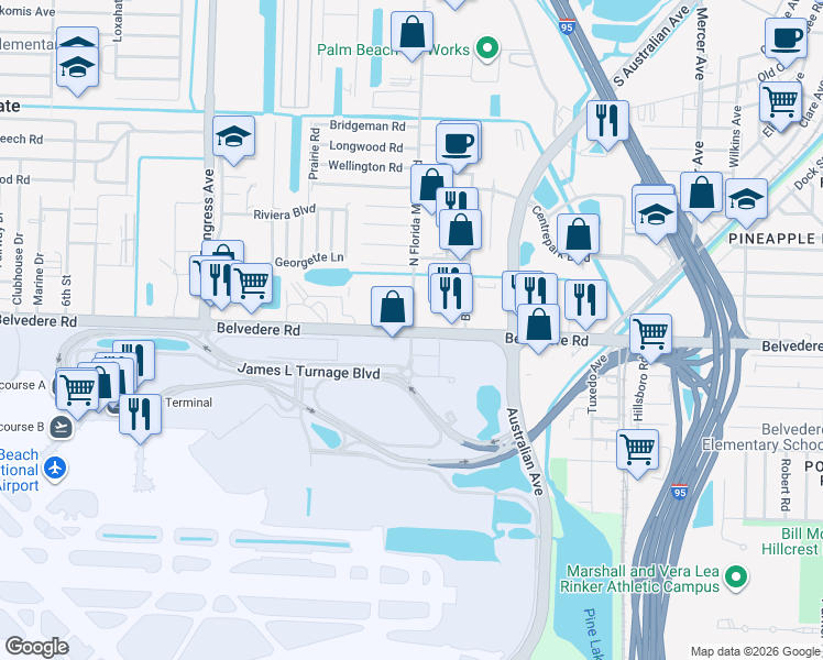 map of restaurants, bars, coffee shops, grocery stores, and more near Belvedere Rd & N Florida Mango Rd in West Palm Beach