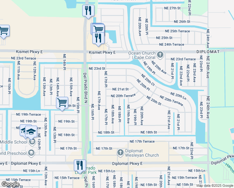 map of restaurants, bars, coffee shops, grocery stores, and more near 1809 Northeast 20th Terrace in Cape Coral
