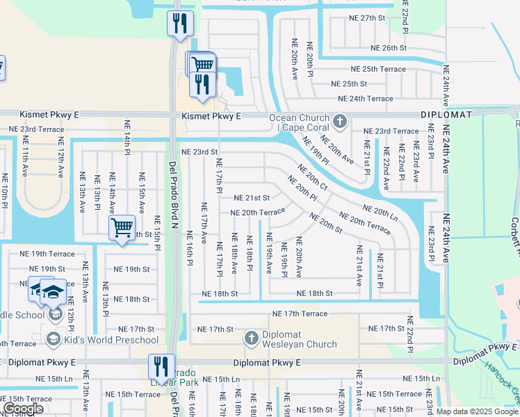 map of restaurants, bars, coffee shops, grocery stores, and more near 1833 Northeast 20th Terrace in Cape Coral