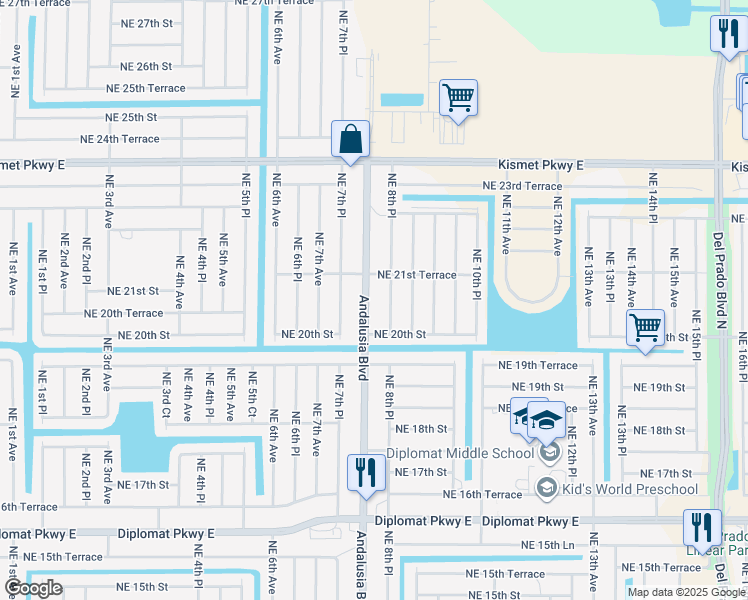 map of restaurants, bars, coffee shops, grocery stores, and more near 2031 Andalusia Boulevard in Cape Coral