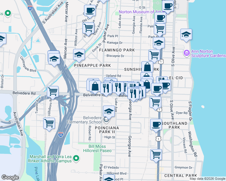 map of restaurants, bars, coffee shops, grocery stores, and more near in West Palm Beach