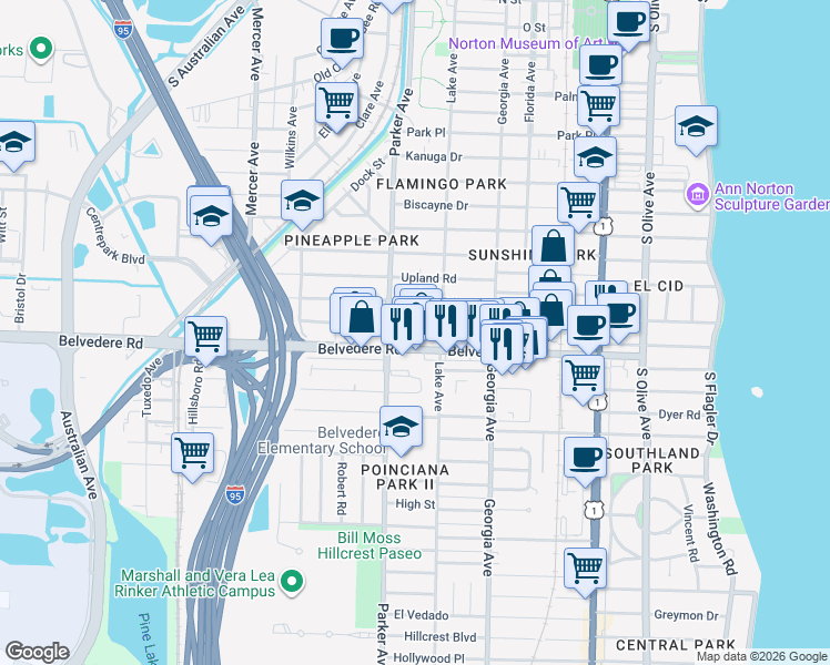 map of restaurants, bars, coffee shops, grocery stores, and more near in West Palm Beach