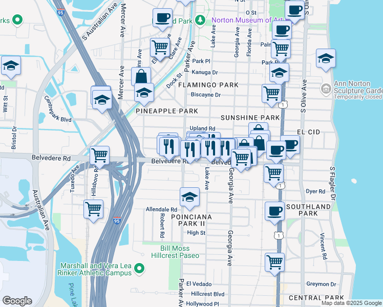 map of restaurants, bars, coffee shops, grocery stores, and more near in West Palm Beach