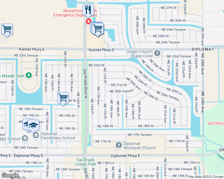 map of restaurants, bars, coffee shops, grocery stores, and more near 1809 Northeast 20th Terrace in Cape Coral