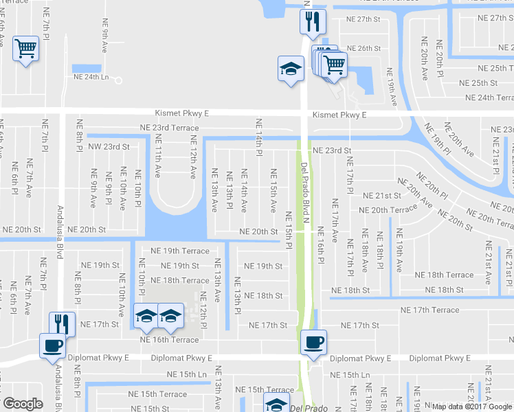 map of restaurants, bars, coffee shops, grocery stores, and more near 2022 Northeast 14th Place in Cape Coral