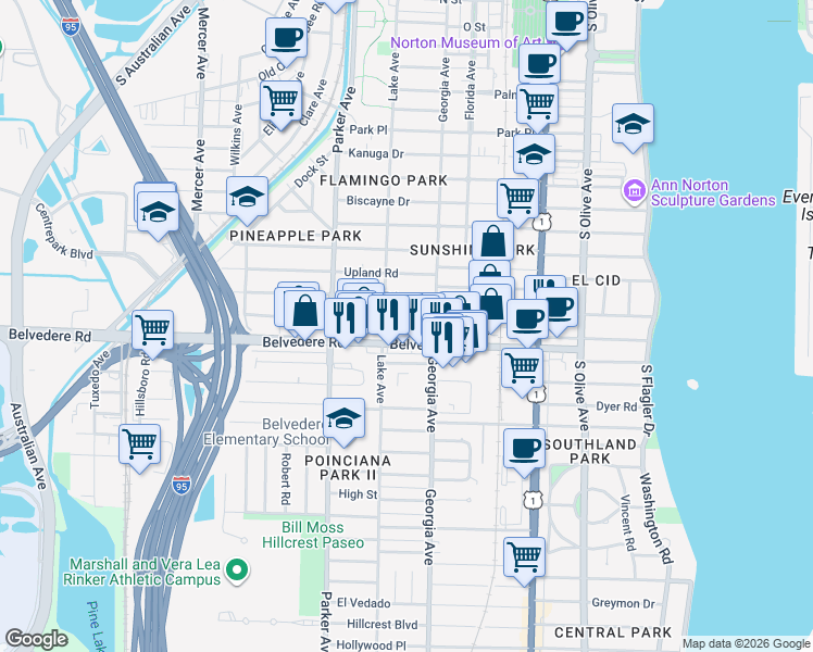 map of restaurants, bars, coffee shops, grocery stores, and more near 728 Avon Road in West Palm Beach