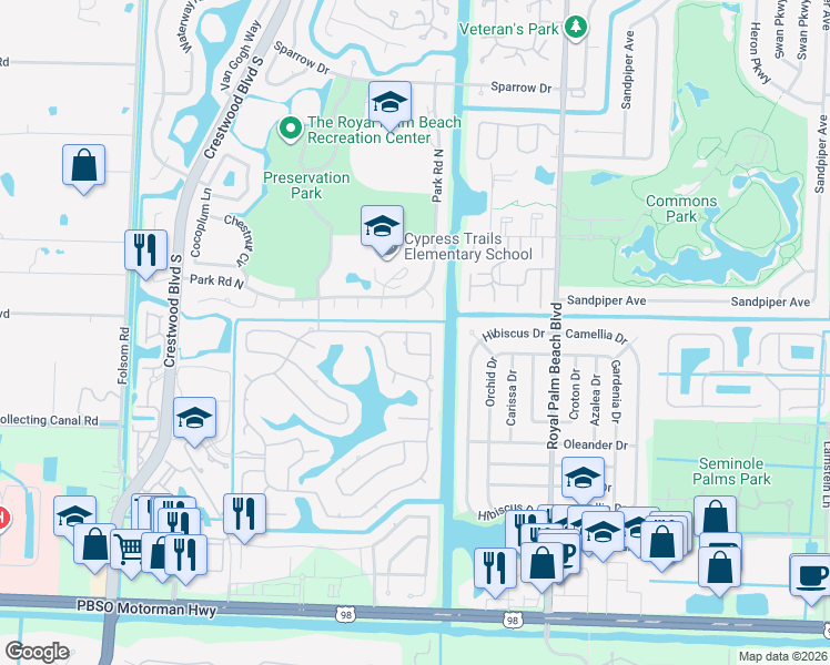 map of restaurants, bars, coffee shops, grocery stores, and more near 117 Pepper Tree Crescent in Royal Palm Beach