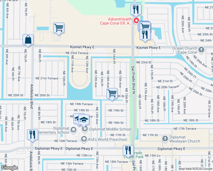 map of restaurants, bars, coffee shops, grocery stores, and more near 2022 Northeast 14th Avenue in Cape Coral