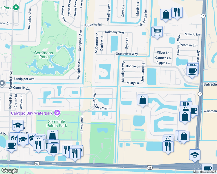 map of restaurants, bars, coffee shops, grocery stores, and more near 11431 Blue Violet Lane in Royal Palm Beach