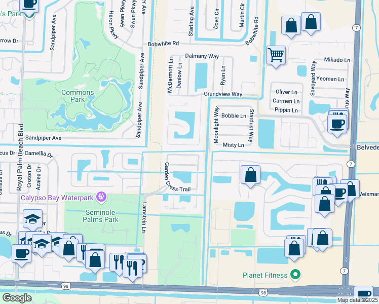 map of restaurants, bars, coffee shops, grocery stores, and more near 11431 Blue Violet Lane in Royal Palm Beach