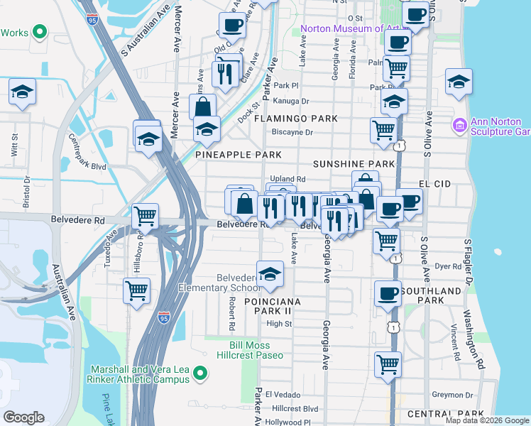 map of restaurants, bars, coffee shops, grocery stores, and more near in West Palm Beach