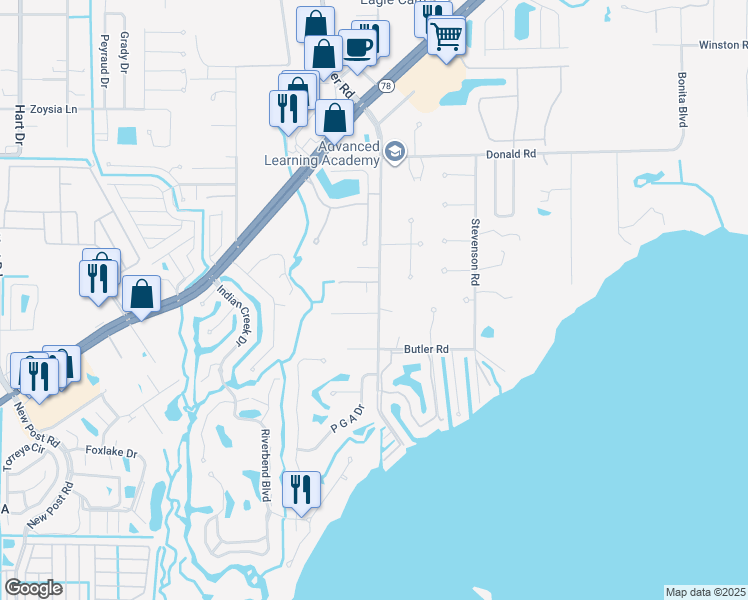 map of restaurants, bars, coffee shops, grocery stores, and more near 7304 Coon Road in North Fort Myers